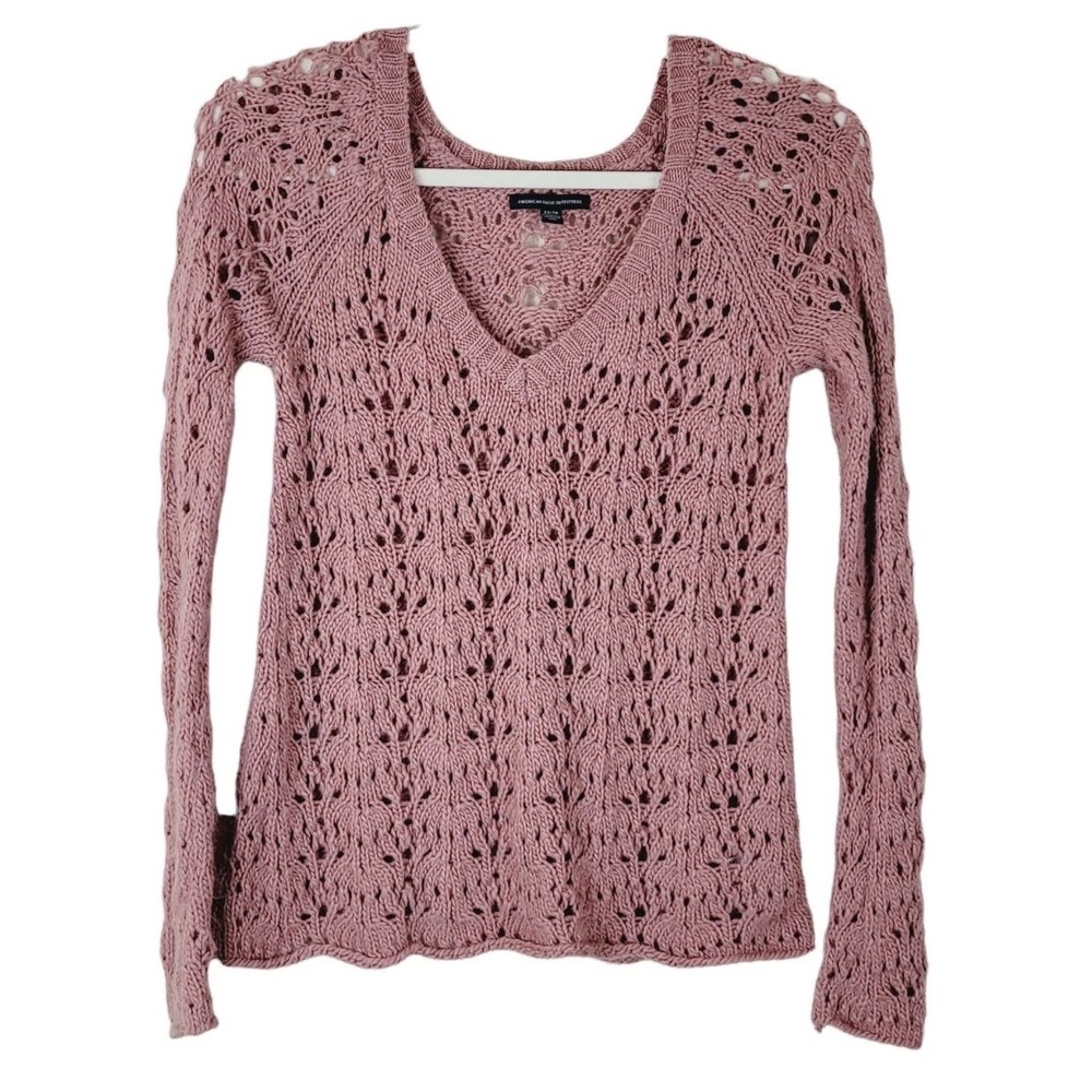American Eagle Outfitters Womens L Pink Pointelle Open Knit V-Neck Sweater